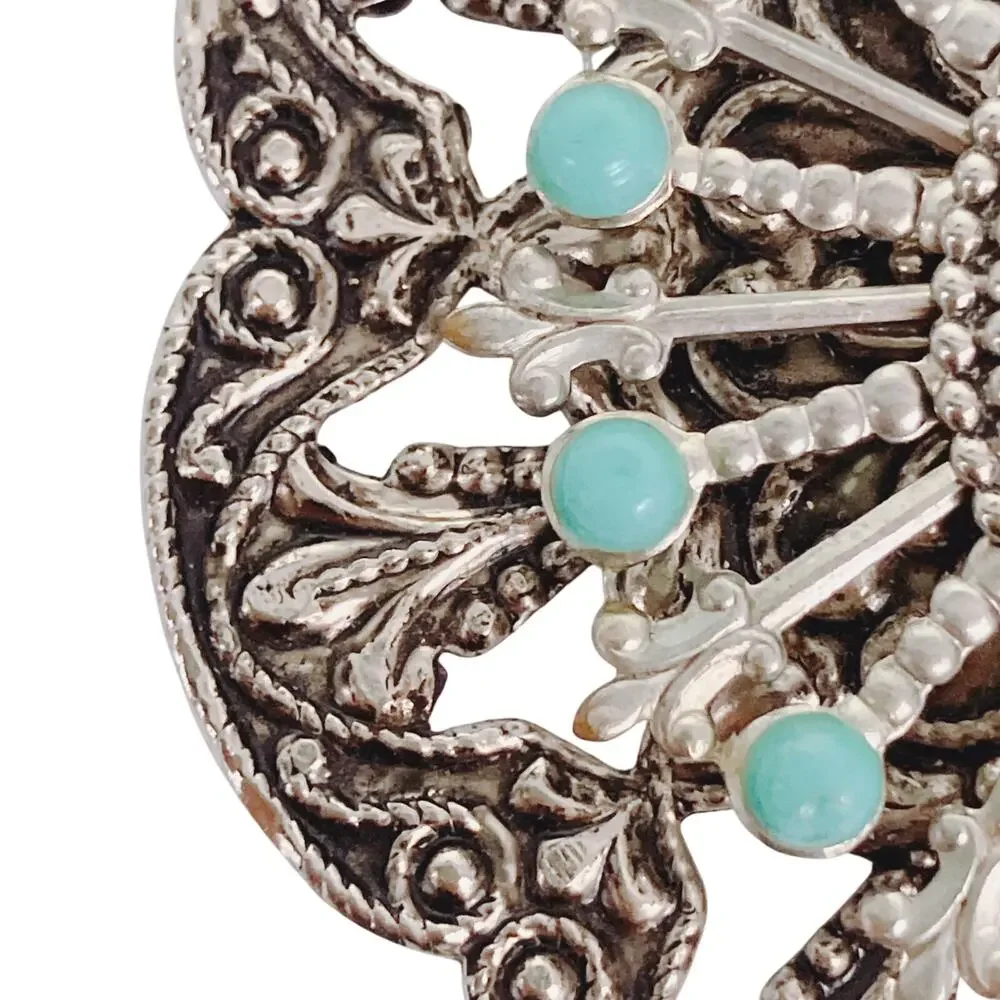 VTG Medallion Pendant Necklace Turquoise Style Cab Boho Southwestern Silver Tone